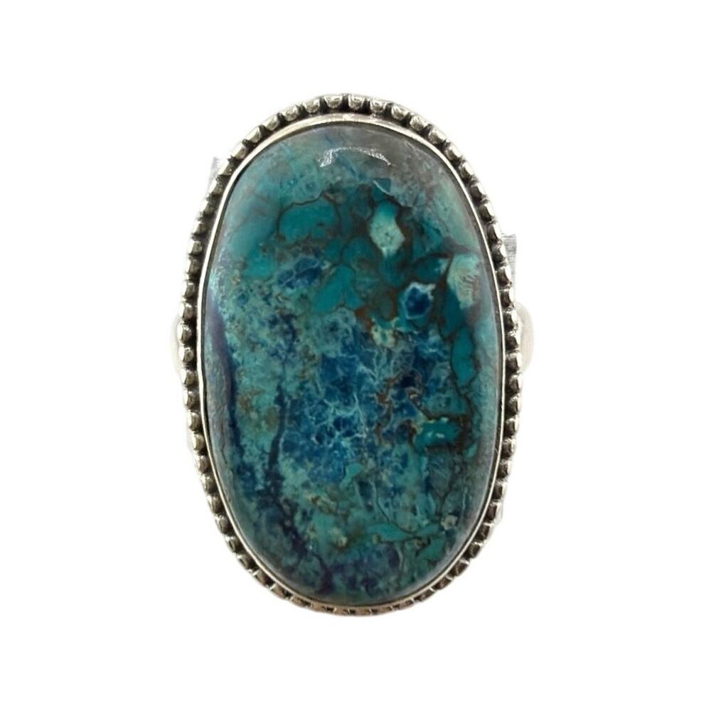 Oval Azurite Chrysocolla Sterling Silver Ring Statement Artisan Jewelry 8.5